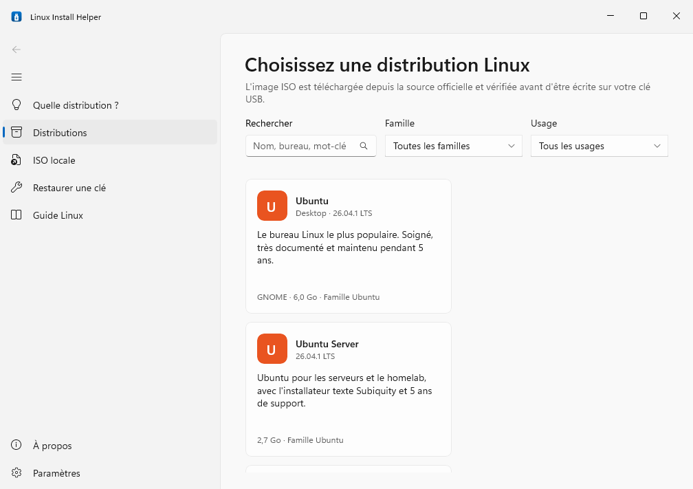 Capture de Linux Install Helper : le catalogue des distributions